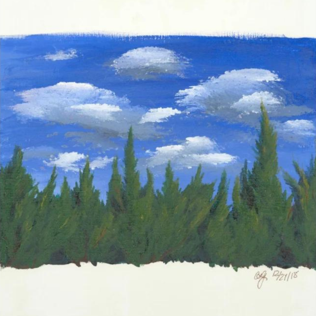 alt="Image of Cashleigh's painting: Blue skies, landscape painting of pine trees and bluest sky with puffy white clouds" aria-hidden="true"