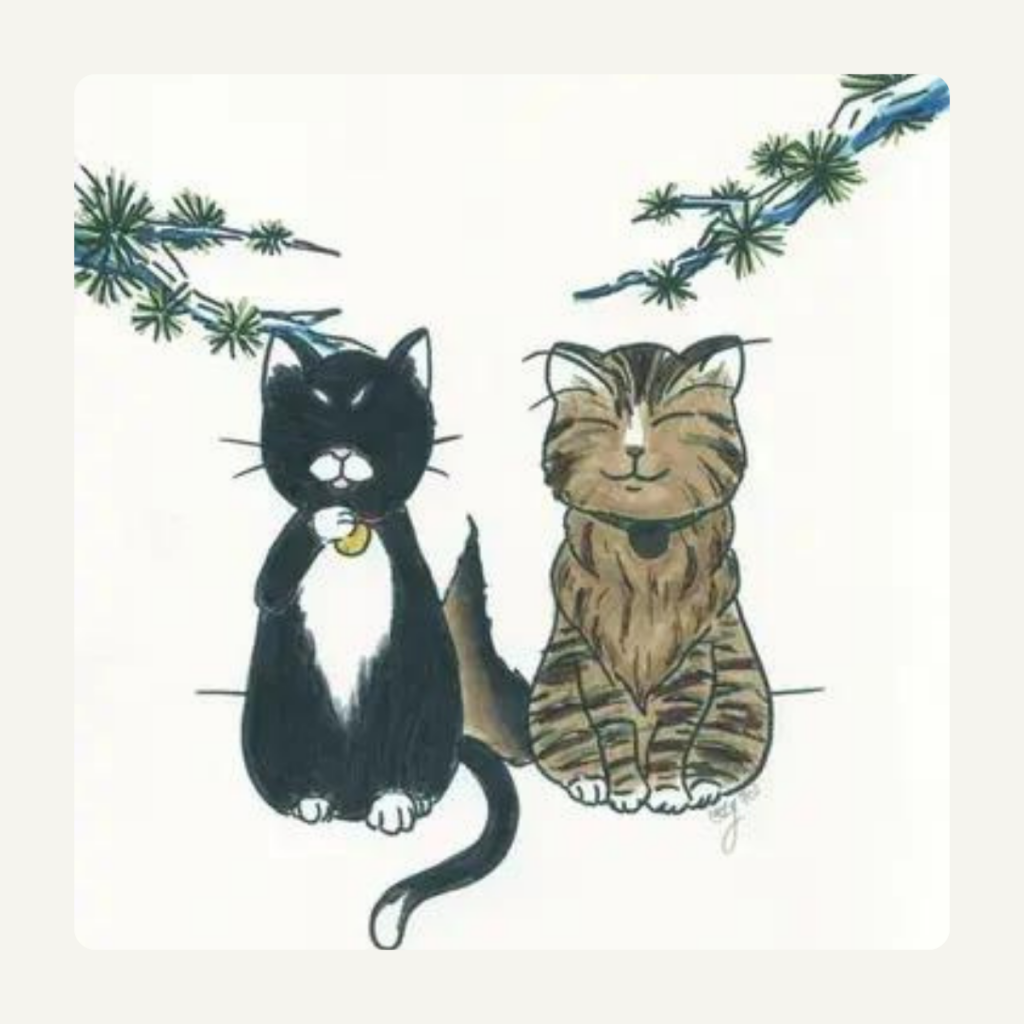 alt=”Cashleigh’s painting: Sly & Kipper, two cats black cat on the viewers left, brownish-orange cat on viewers right with two pine branches over their heads” aria-hidden=”true"