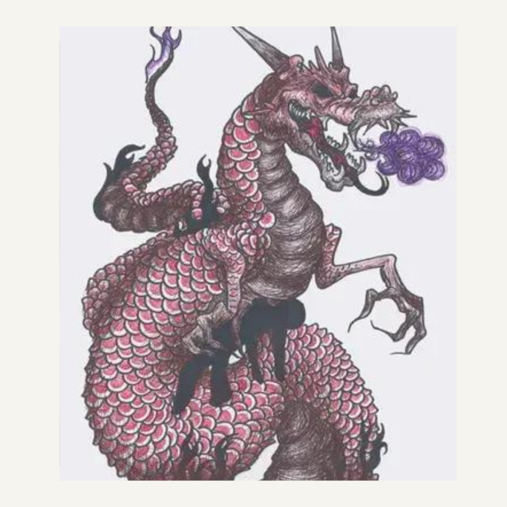 alt=”Cashleigh’s painting: Dragon's Breath, red dragon with purple breath” aria-hidden=”true’