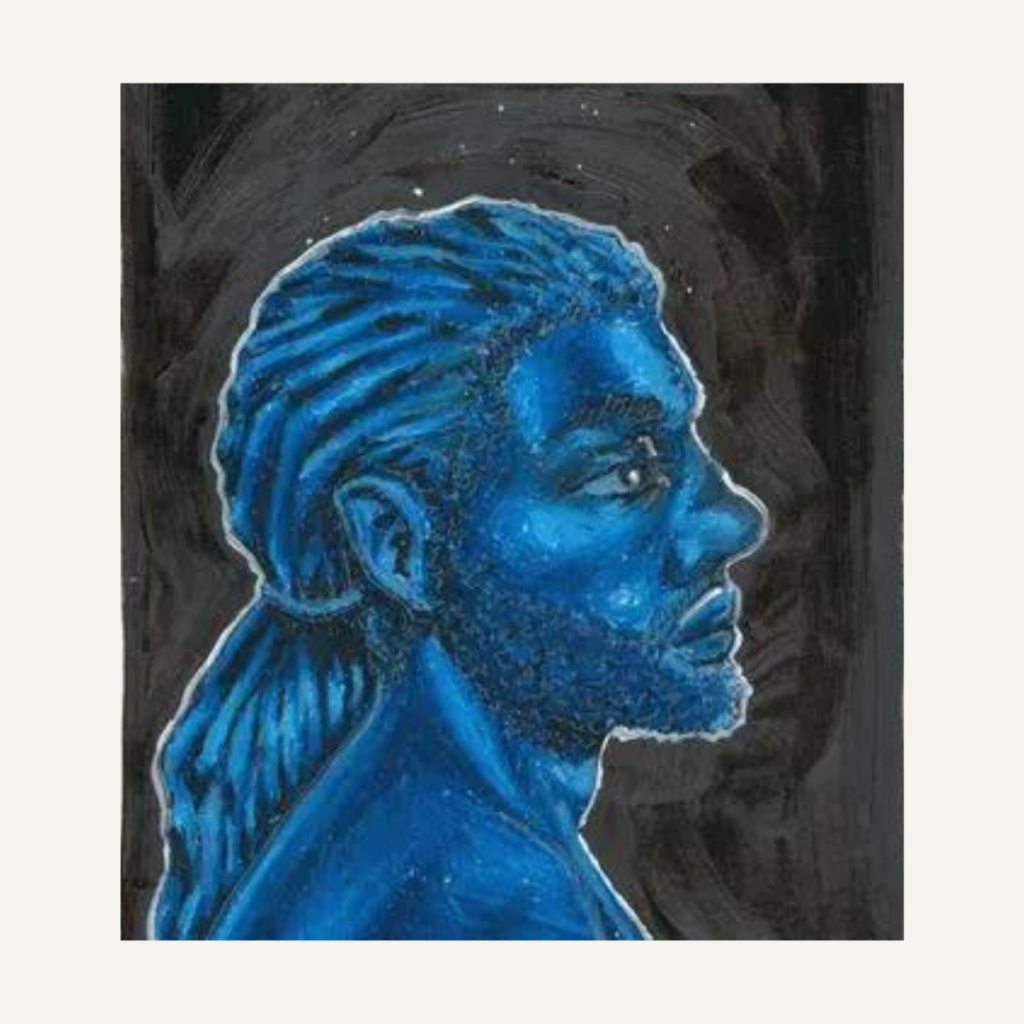 alt=”Cashleigh’s painting: Soul Searching, a side portrait of a blue young male gazing to the right” aria-hidden=”true"